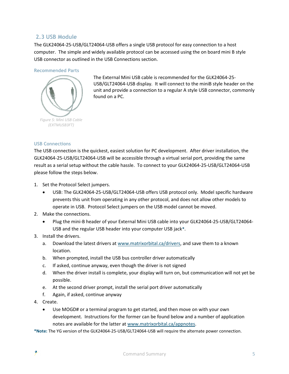 3 usb module, Recommended parts, Usb connections | Matrix Orbital GLK24064-25 User Manual | Page 10 / 71