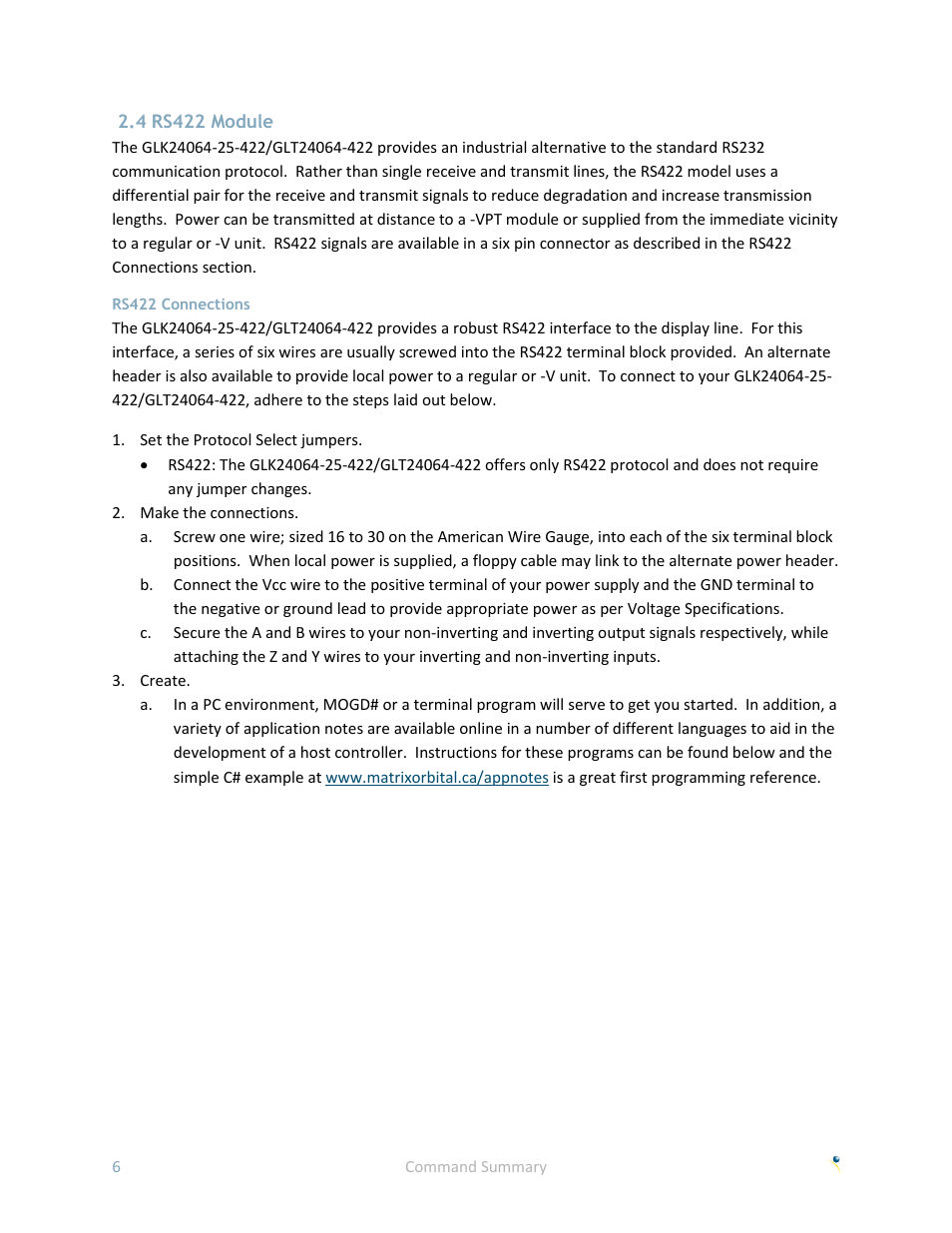 4 rs422 module, Rs422 connections | Matrix Orbital GLK24064-25 User Manual | Page 11 / 71