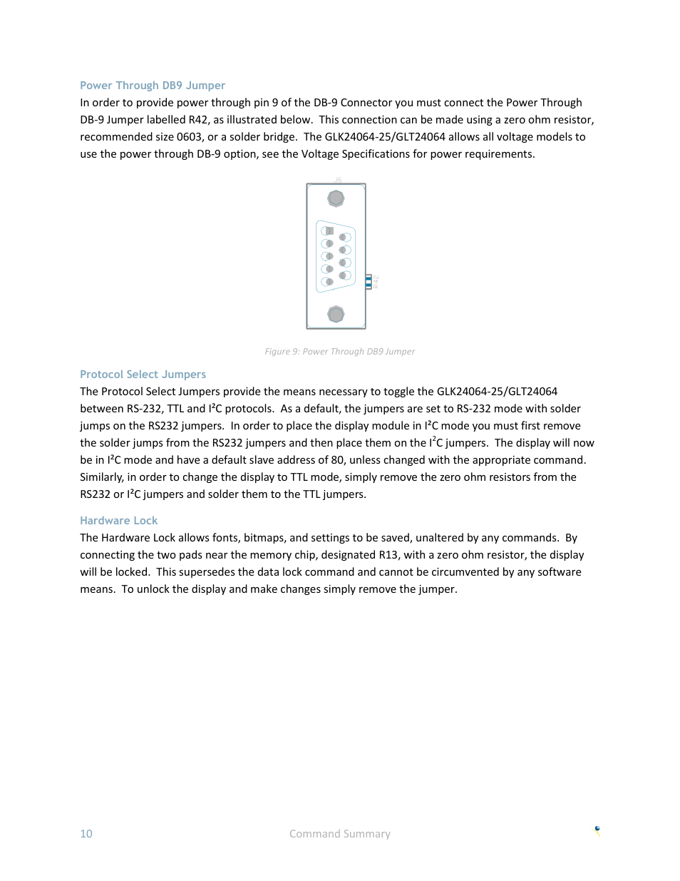 Power through db9 jumper, Protocol select jumpers, Hardware lock | Matrix Orbital GLK24064-25 User Manual | Page 15 / 71