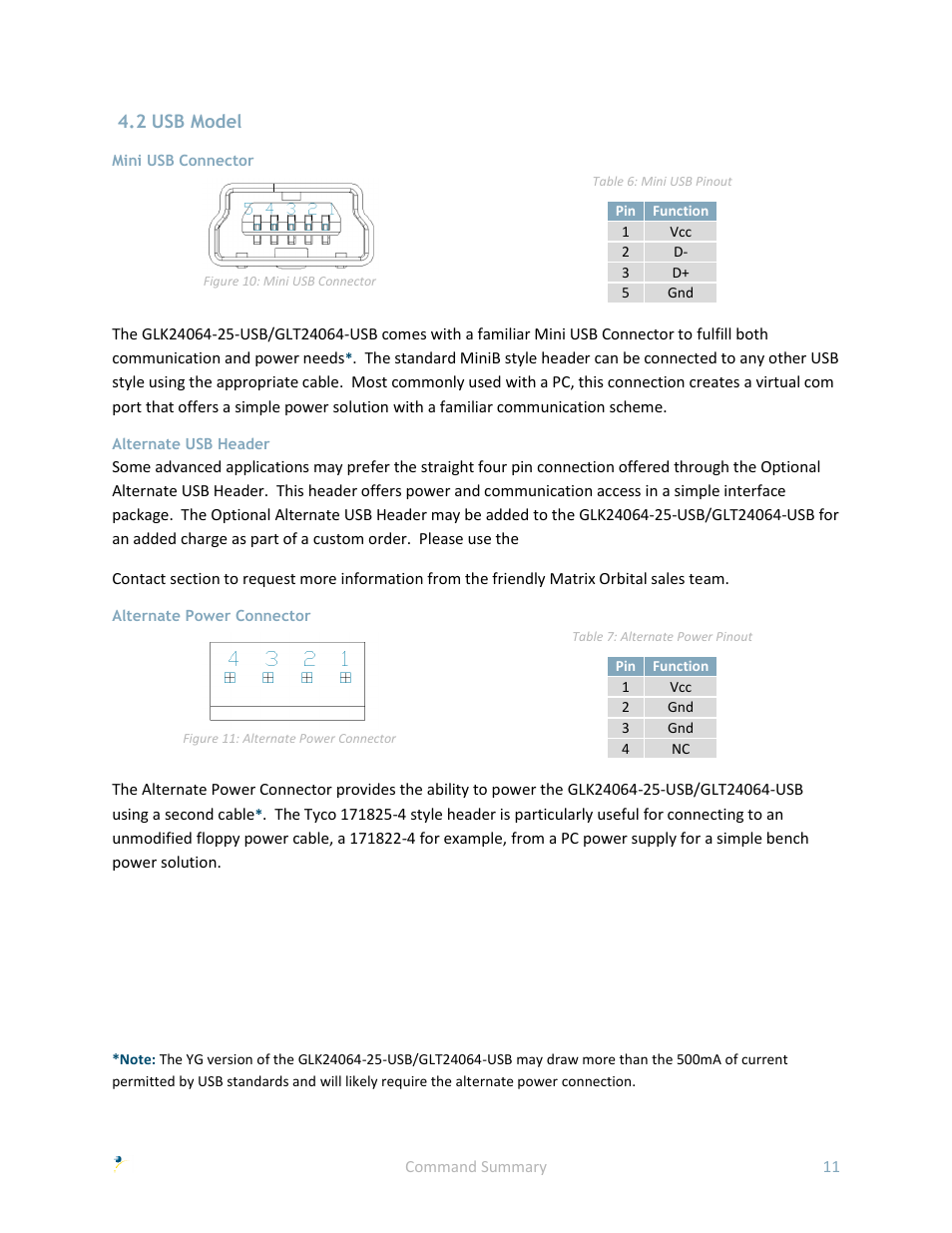 2 usb model, Mini usb connector, Alternate usb header | Alternate power connector | Matrix Orbital GLK24064-25 User Manual | Page 16 / 71