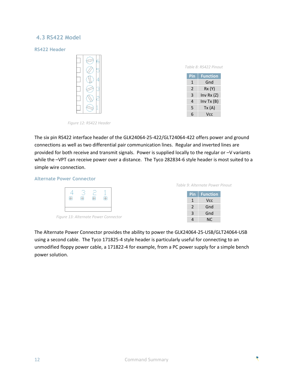 3 rs422 model, Rs422 header, Alternate power connector | Matrix Orbital GLK24064-25 User Manual | Page 17 / 71