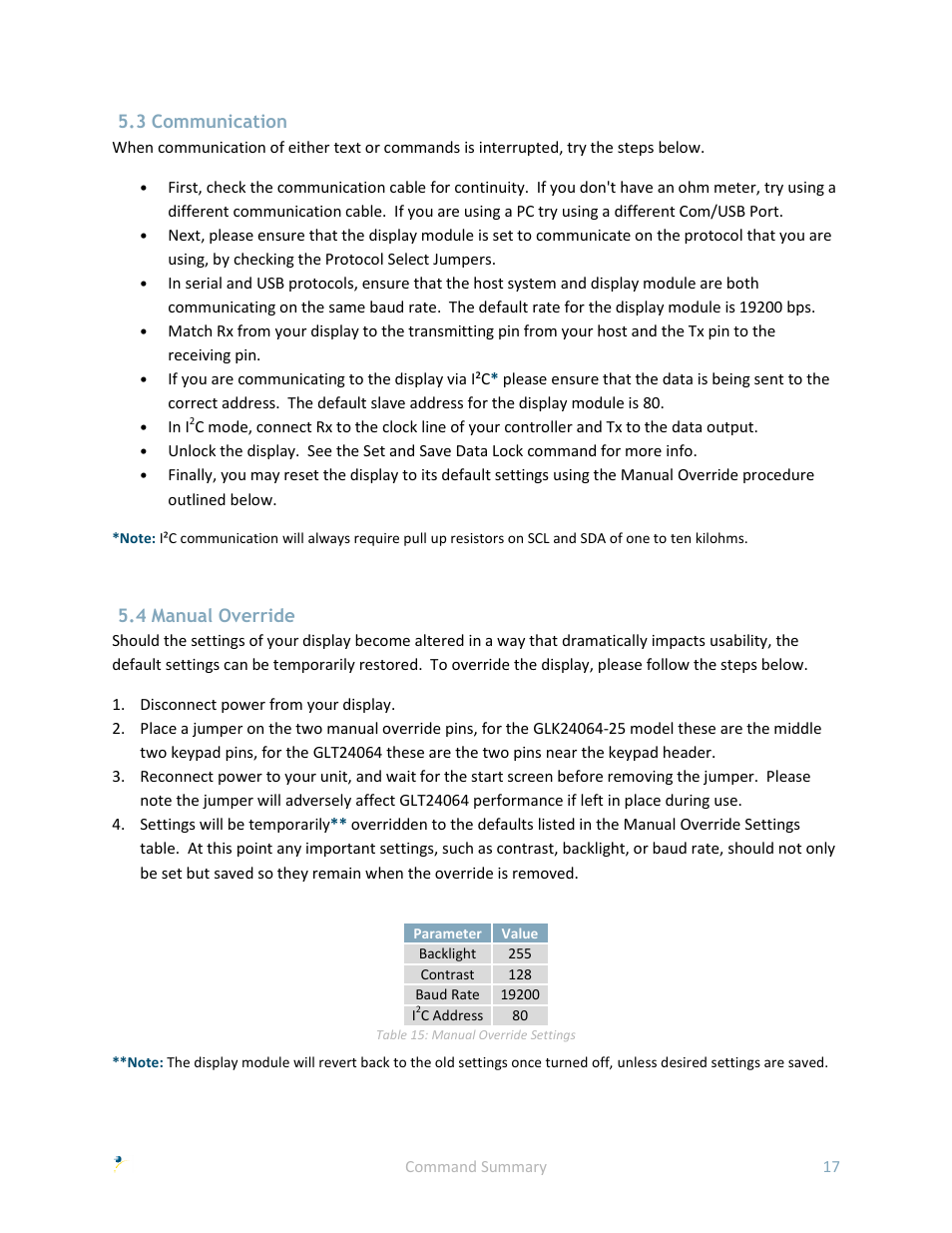 3 communication, 4 manual override | Matrix Orbital GLK24064-25 User Manual | Page 22 / 71