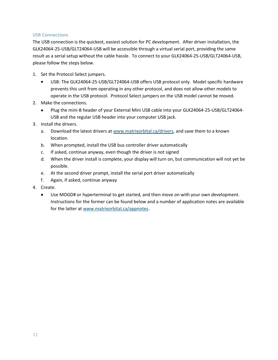 Usb connections | Matrix Orbital GLK24064-25 Legacy User Manual | Page 11 / 56
