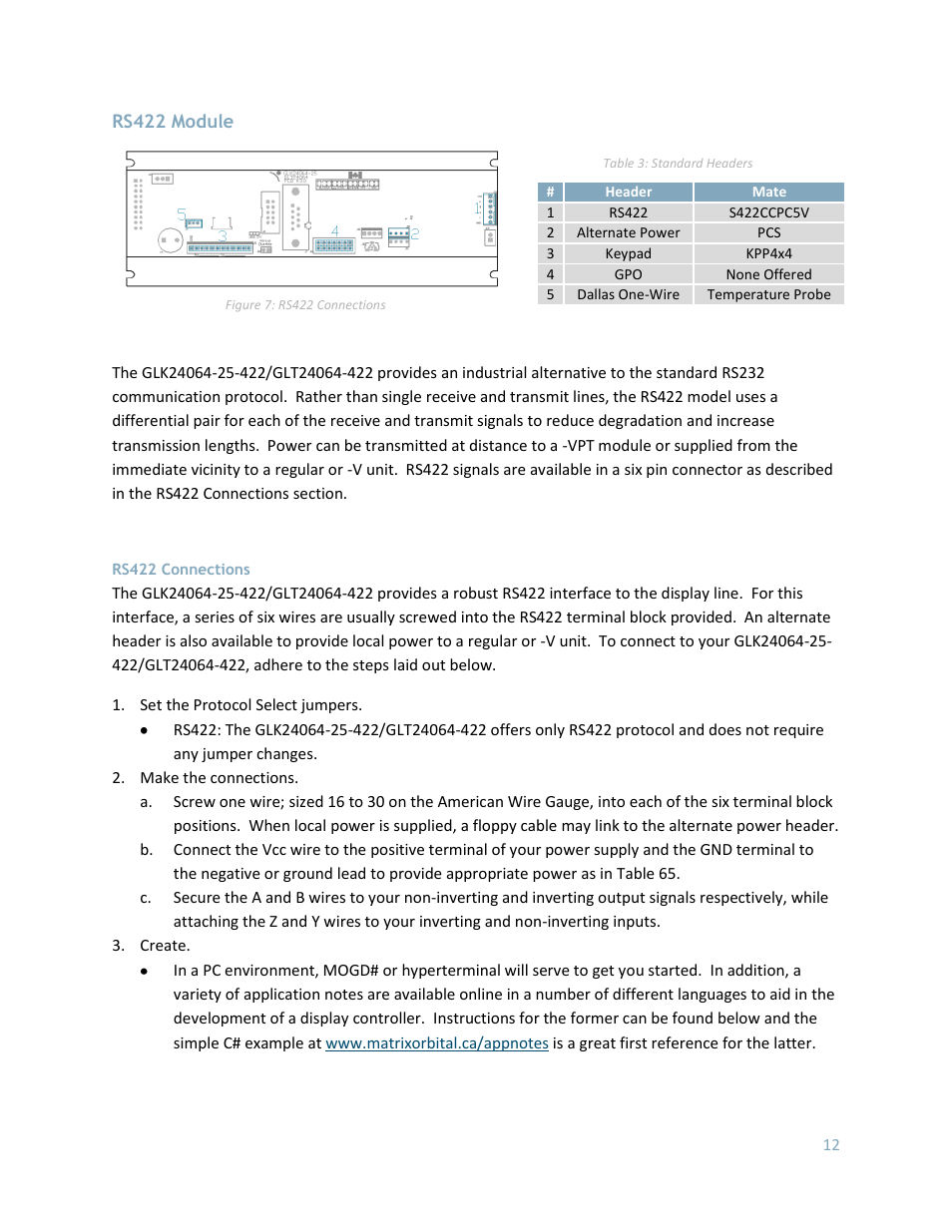 Rs422 module, Rs422 connections | Matrix Orbital GLK24064-25 Legacy User Manual | Page 12 / 56