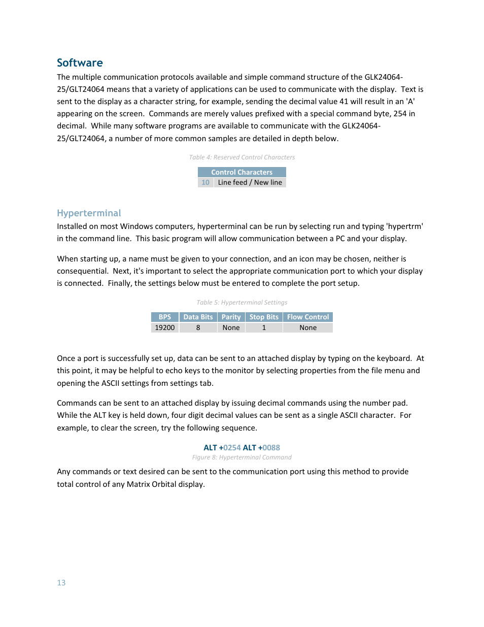 Software, Hyperterminal | Matrix Orbital GLK24064-25 Legacy User Manual | Page 13 / 56