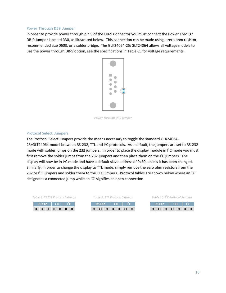 Power through db9 jumper, Protocol select jumpers | Matrix Orbital GLK24064-25 Legacy User Manual | Page 16 / 56
