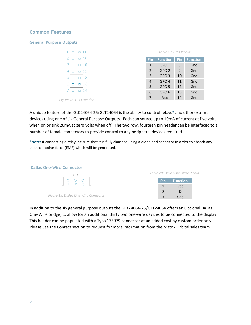 Common features, General purpose outputs, Dallas one-wire connector | Matrix Orbital GLK24064-25 Legacy User Manual | Page 21 / 56