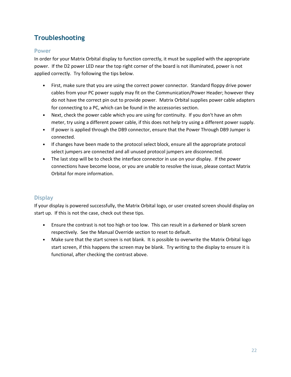 Troubleshooting, Power, Display | Matrix Orbital GLK24064-25 Legacy User Manual | Page 22 / 56