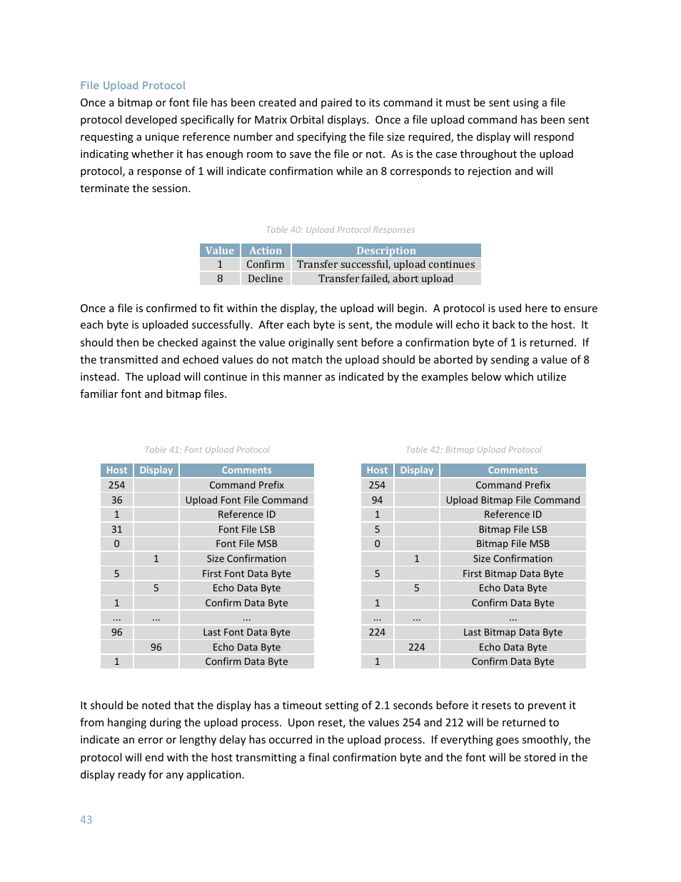 File upload protocol, File upload protocol o | Matrix Orbital GLK24064-25 Legacy User Manual | Page 43 / 56