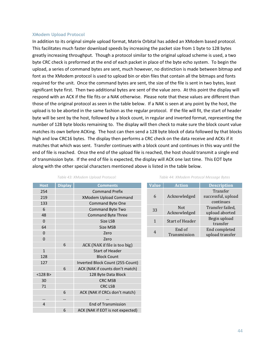 Xmodem upload protocol, R xmodem upload protocol e | Matrix Orbital GLK24064-25 Legacy User Manual | Page 44 / 56