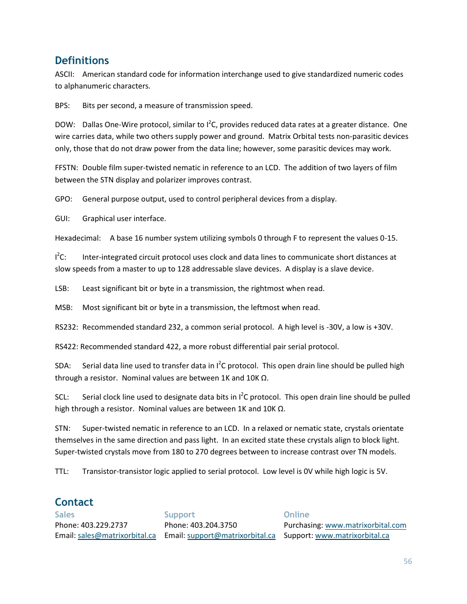 Definitions, Contact | Matrix Orbital GLK24064-25 Legacy User Manual | Page 56 / 56