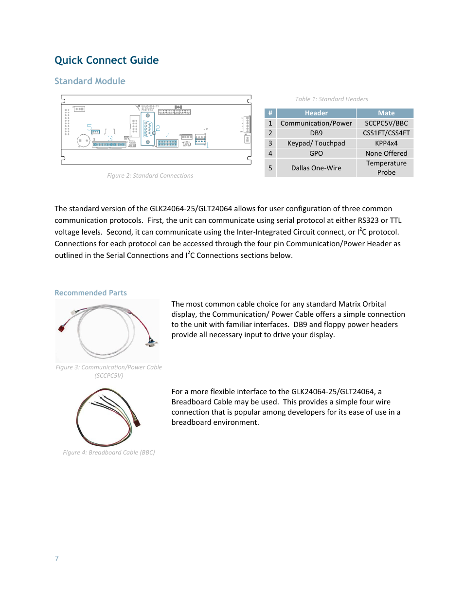 Quick connect guide, Standard module, Recommended parts | Matrix Orbital GLK24064-25 Legacy User Manual | Page 7 / 56