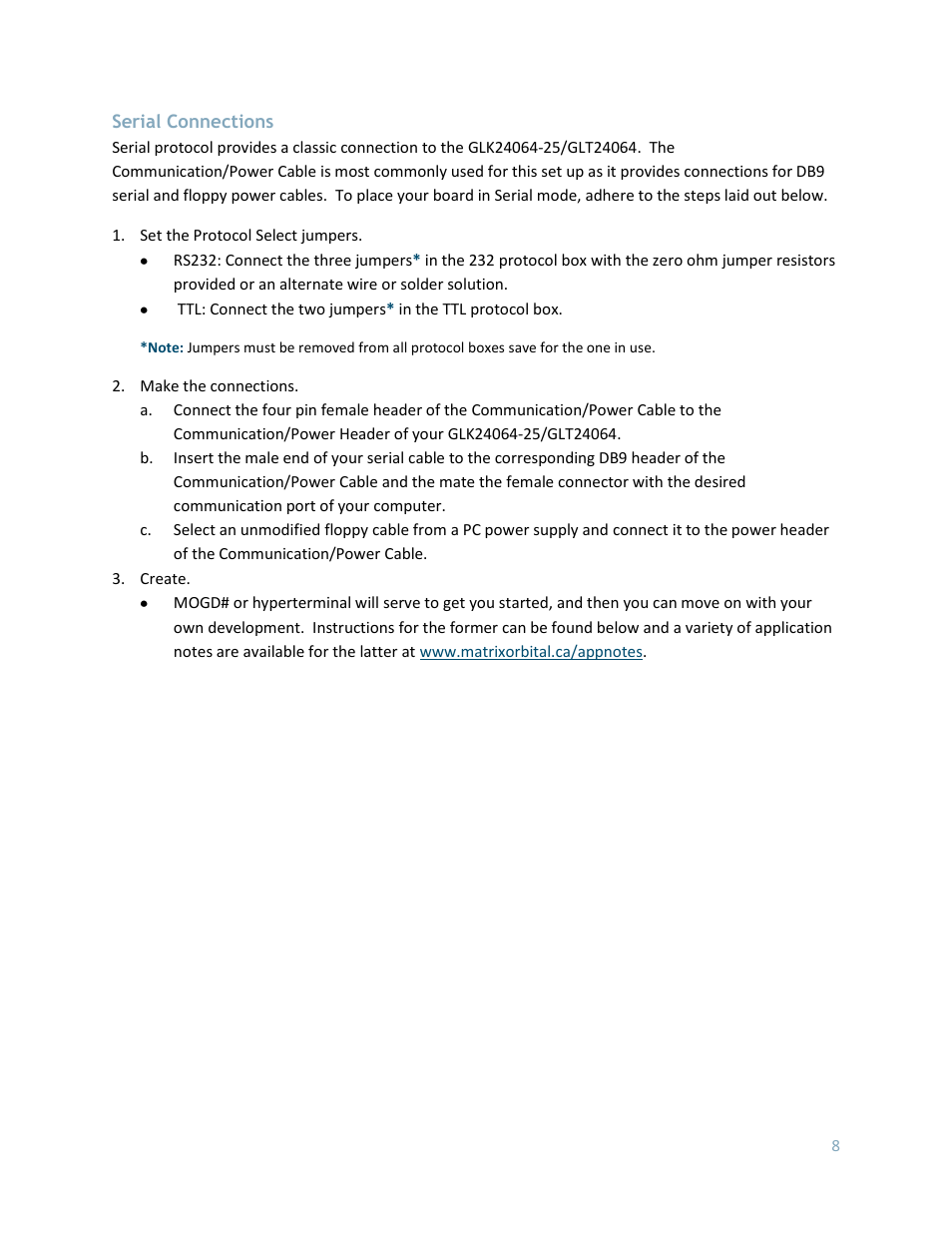 Serial connections, E serial connections | Matrix Orbital GLK24064-25 Legacy User Manual | Page 8 / 56