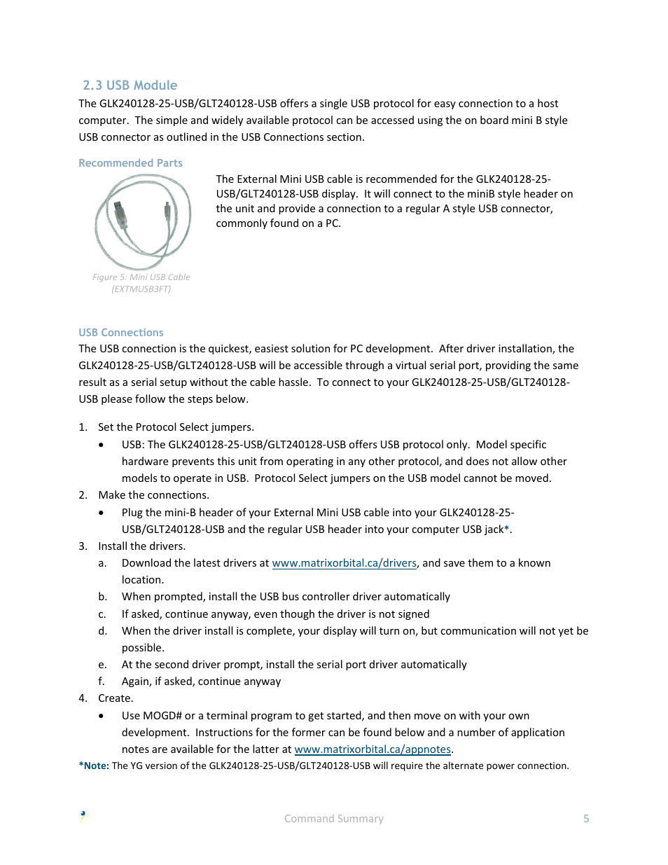 3 usb module, Recommended parts, Usb connections | Matrix Orbital GLK240128-25 User Manual | Page 10 / 70