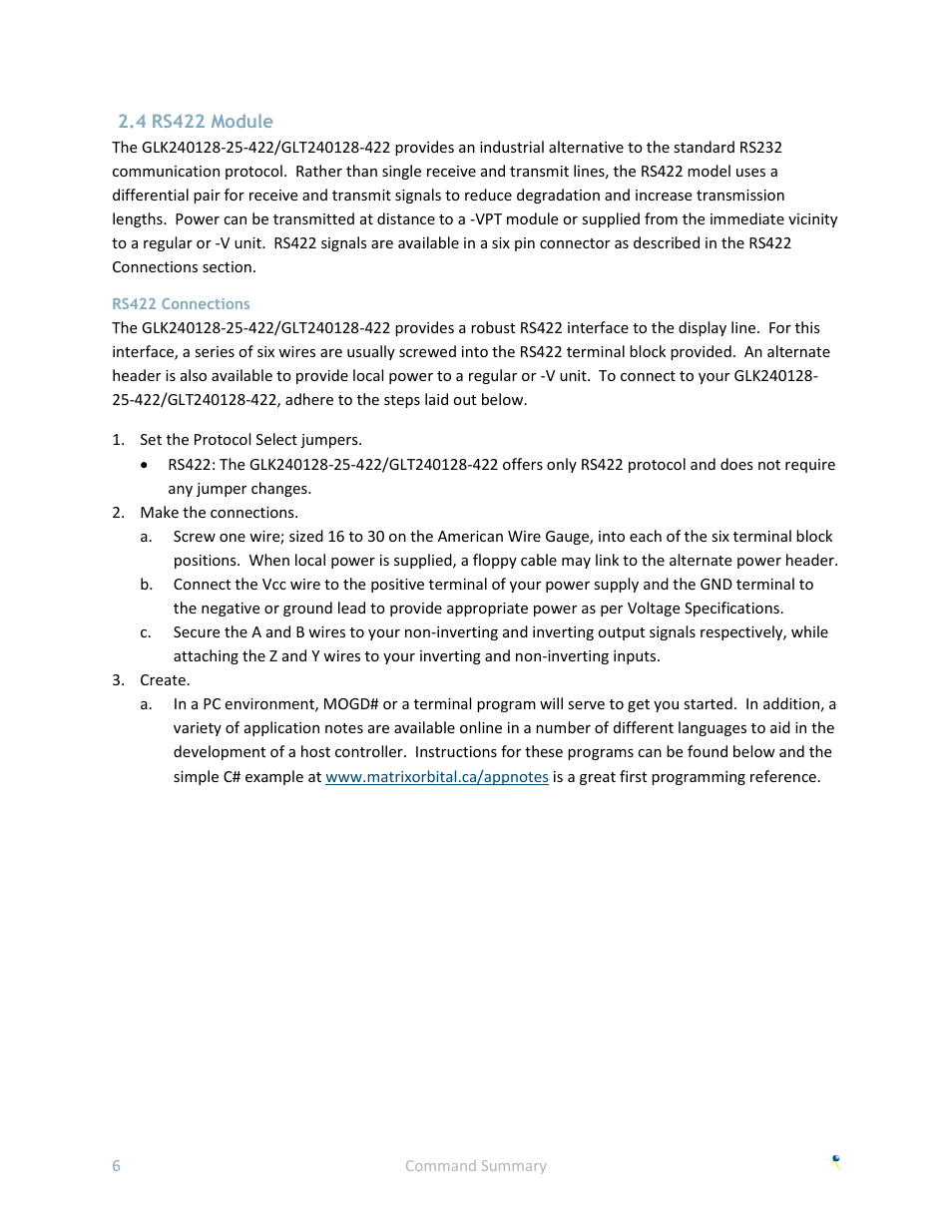 4 rs422 module, Rs422 connections | Matrix Orbital GLK240128-25 User Manual | Page 11 / 70