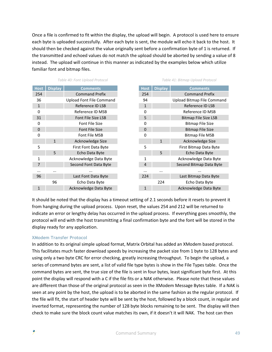 Xmodem transfer protocol | Matrix Orbital GLK240128-25 User Manual | Page 54 / 70