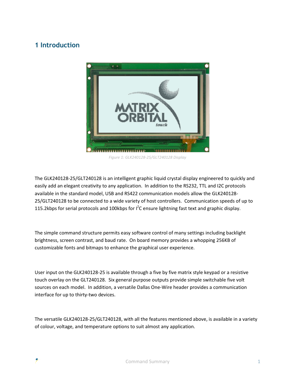 1 introduction | Matrix Orbital GLK240128-25 User Manual | Page 6 / 70