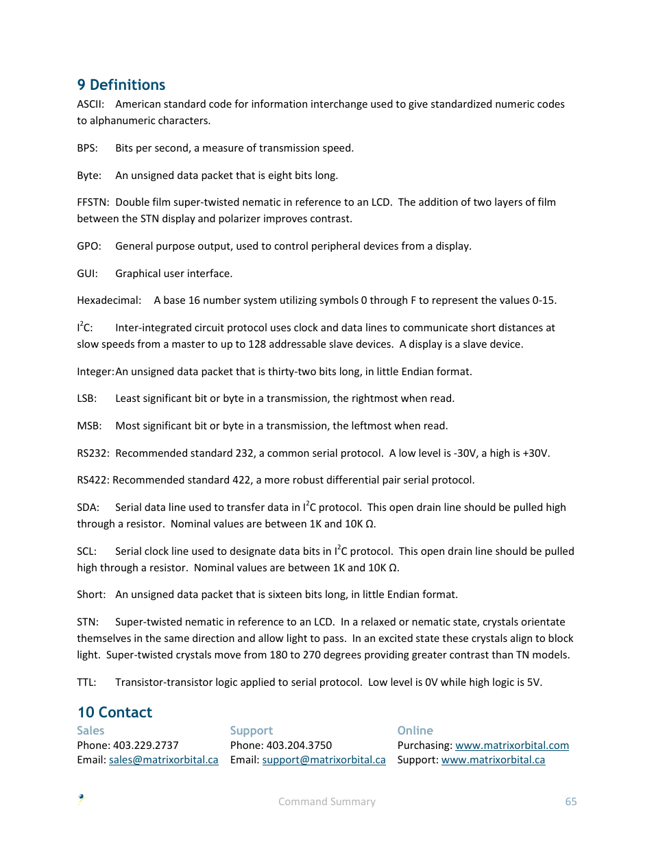 9 definitions, 10 contact | Matrix Orbital GLK240128-25 User Manual | Page 70 / 70
