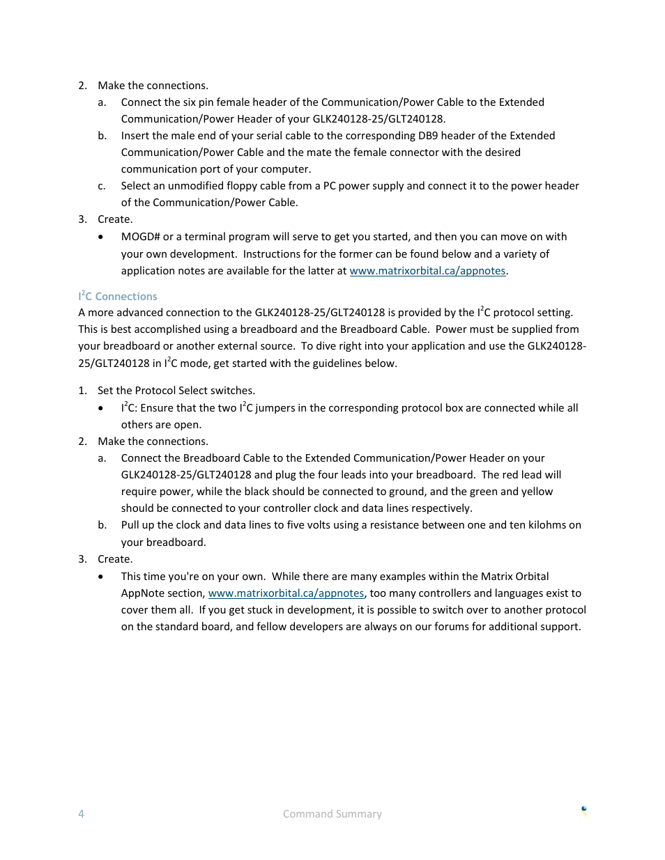 I2c connections, C connections | Matrix Orbital GLK240128-25 User Manual | Page 9 / 70