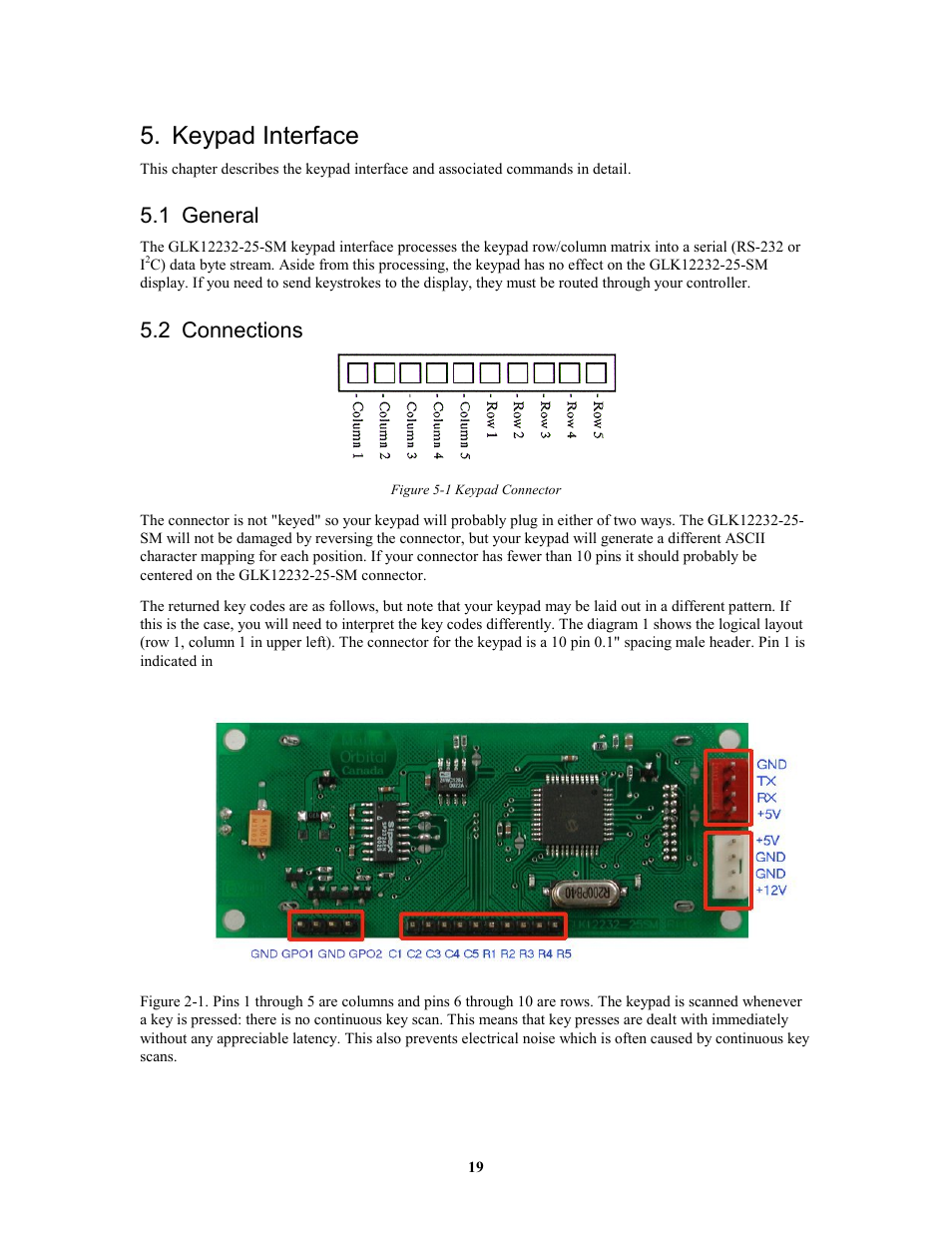 Keypad interface, 1 general, 2 connections | Matrix Orbital GLK12232-25-SM Legacy User Manual | Page 19 / 41