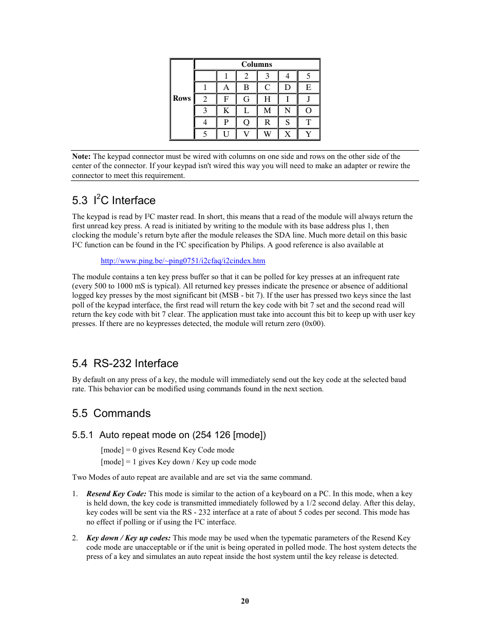 C interface, 4 rs-232 interface, 5 commands | Matrix Orbital GLK12232-25-SM Legacy User Manual | Page 20 / 41
