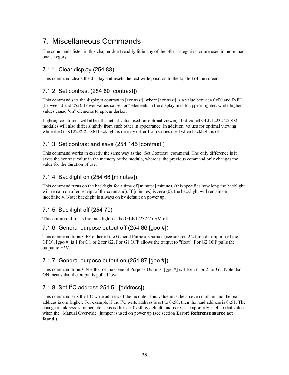 Miscellaneous commands | Matrix Orbital GLK12232-25-SM Legacy User Manual | Page 28 / 41