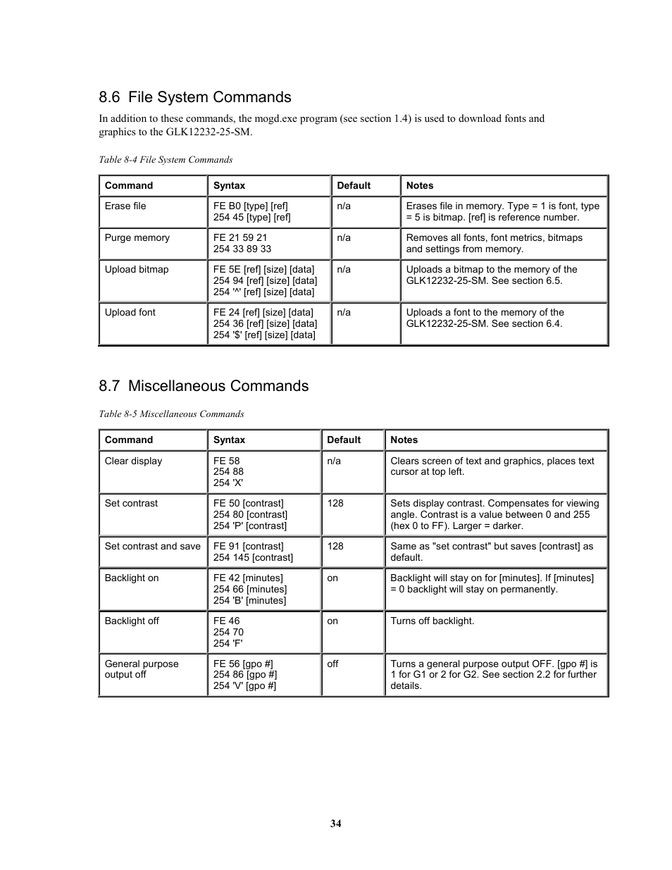 6 file system commands, 7 miscellaneous commands | Matrix Orbital GLK12232-25-SM Legacy User Manual | Page 34 / 41