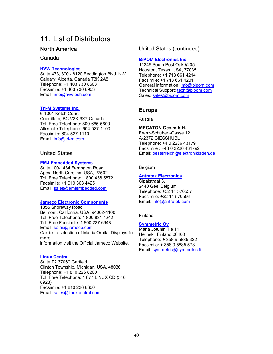 List of distributors | Matrix Orbital GLK12232-25-SM Legacy User Manual | Page 40 / 41