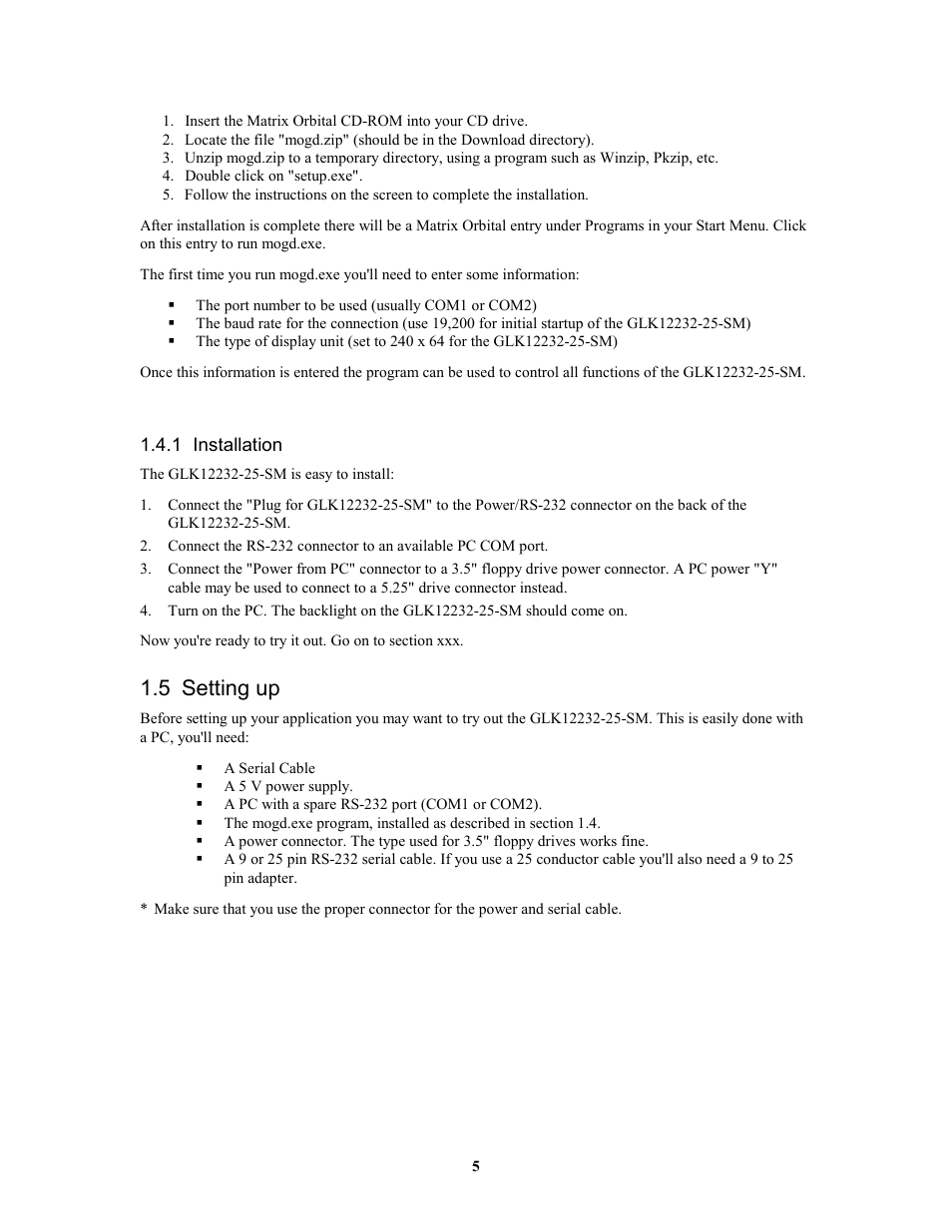 5 setting up | Matrix Orbital GLK12232-25-SM Legacy User Manual | Page 5 / 41