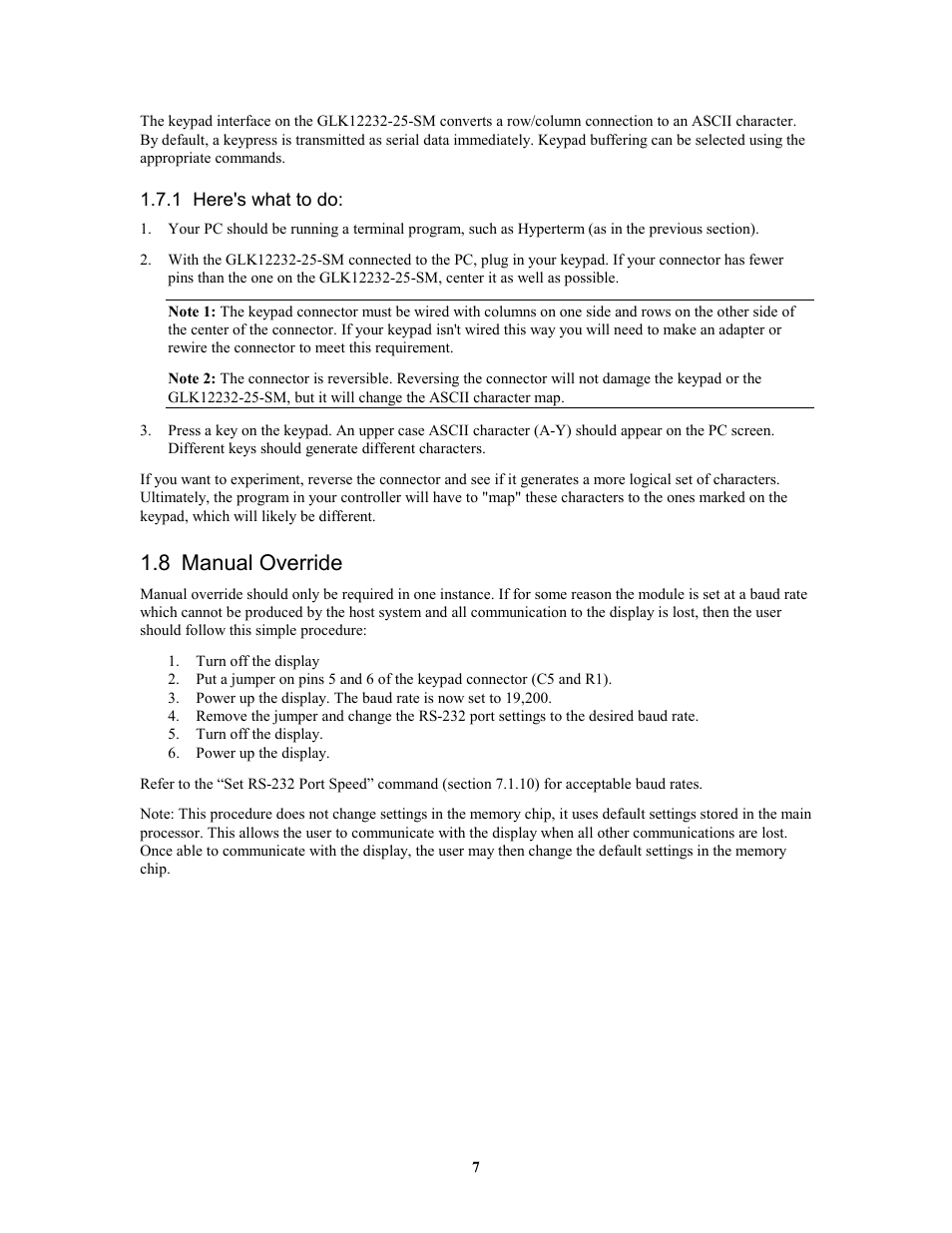 8 manual override | Matrix Orbital GLK12232-25-SM Legacy User Manual | Page 7 / 41