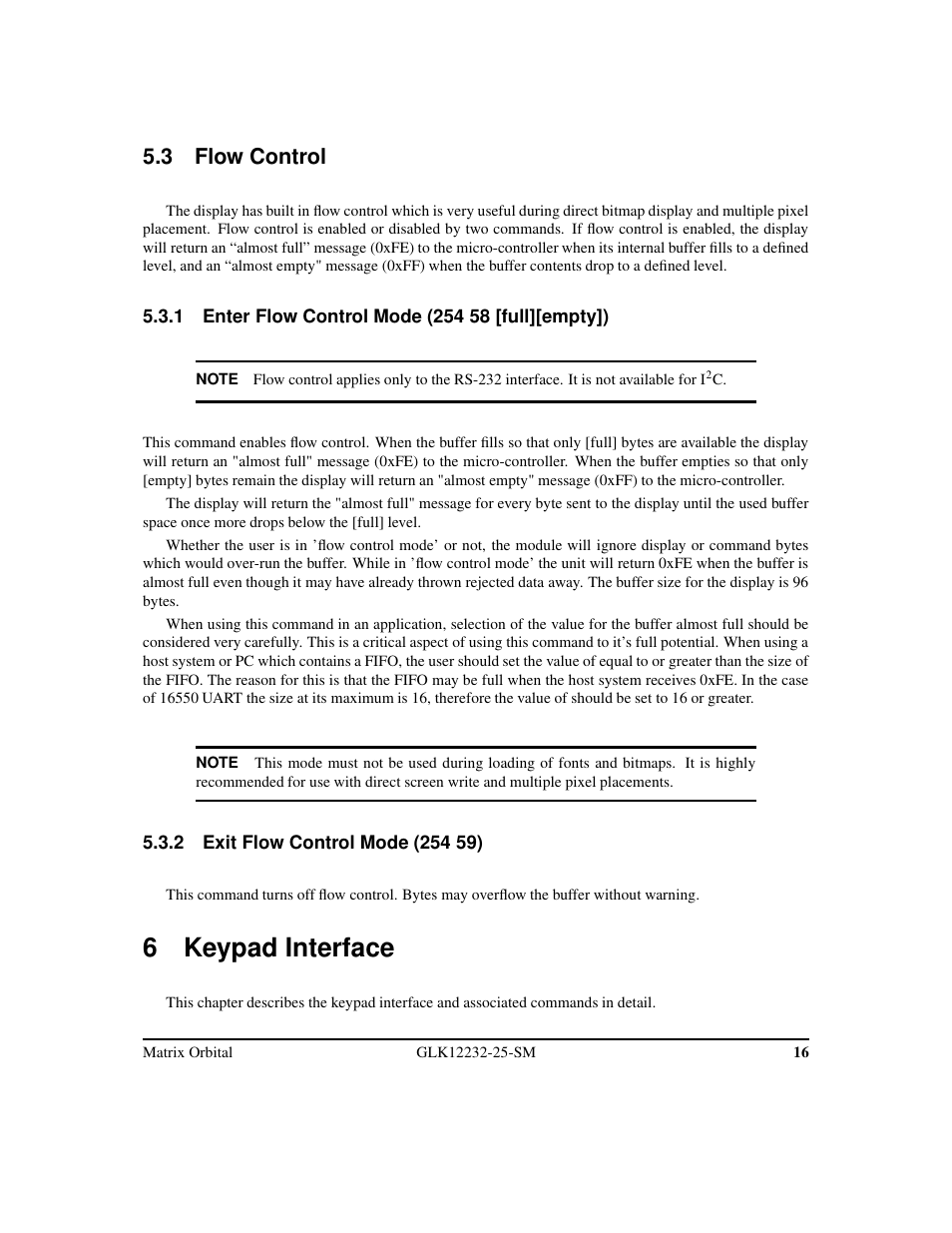 6 keypad interface, 3 flow control | Matrix Orbital GLK12232-25-SM Legacy User Manual | Page 20 / 42