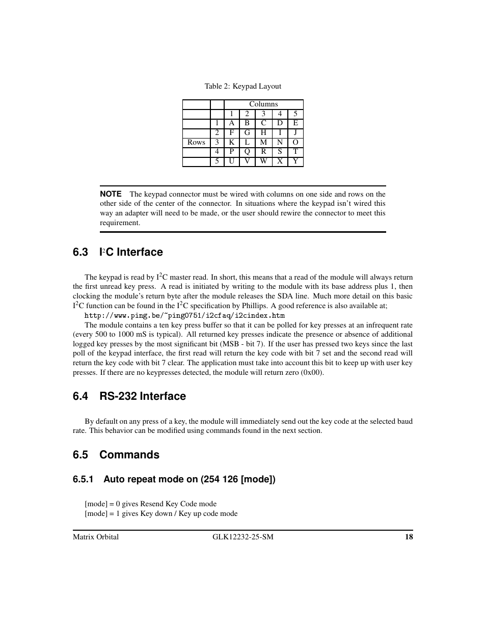C interface, 4 rs-232 interface, 5 commands | Matrix Orbital GLK12232-25-SM Legacy User Manual | Page 22 / 42