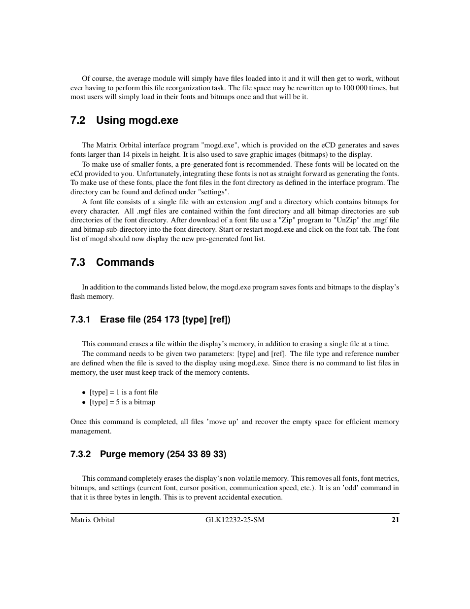 2 using mogd.exe, 3 commands | Matrix Orbital GLK12232-25-SM Legacy User Manual | Page 25 / 42