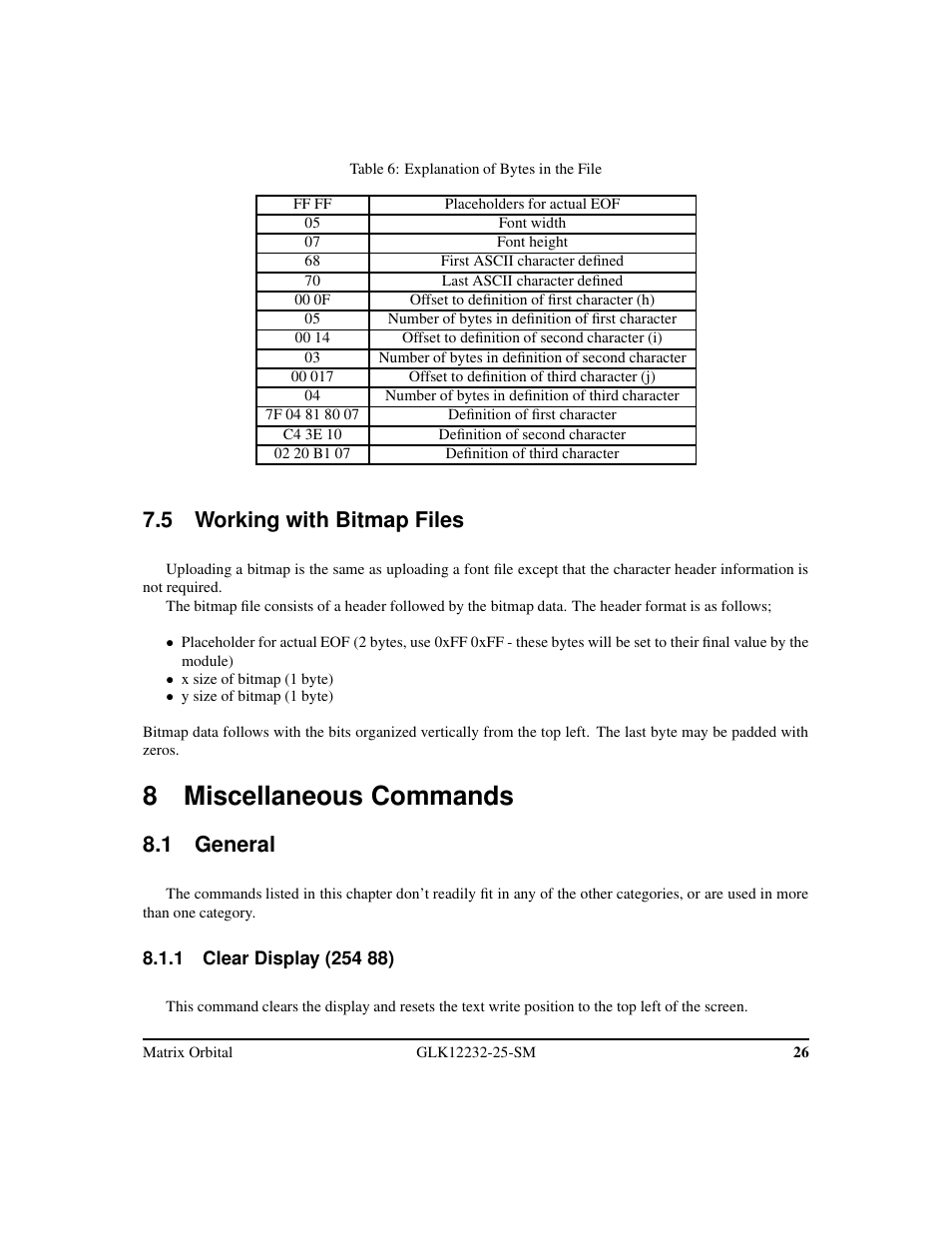 8 miscellaneous commands, 5 working with bitmap files, 1 general | Matrix Orbital GLK12232-25-SM Legacy User Manual | Page 30 / 42
