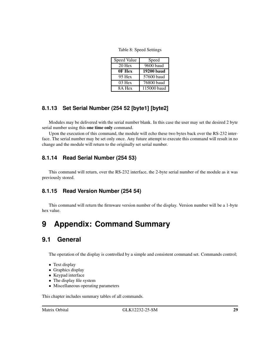 9 appendix: command summary, 1 general | Matrix Orbital GLK12232-25-SM Legacy User Manual | Page 33 / 42