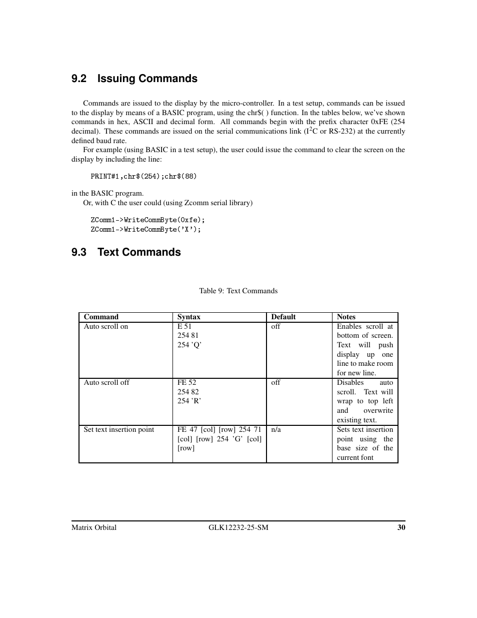 2 issuing commands, 3 text commands | Matrix Orbital GLK12232-25-SM Legacy User Manual | Page 34 / 42