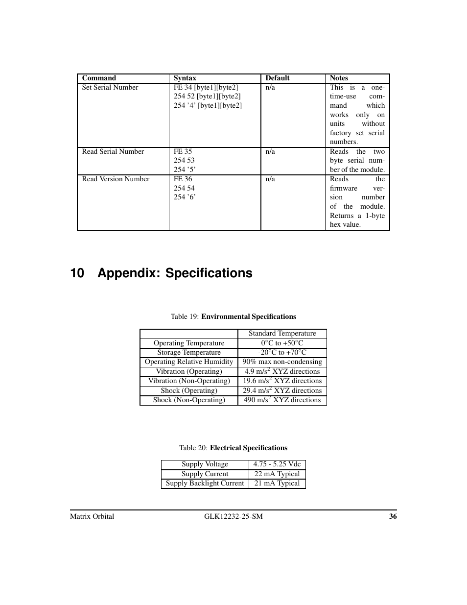 10 appendix: specifications | Matrix Orbital GLK12232-25-SM Legacy User Manual | Page 40 / 42