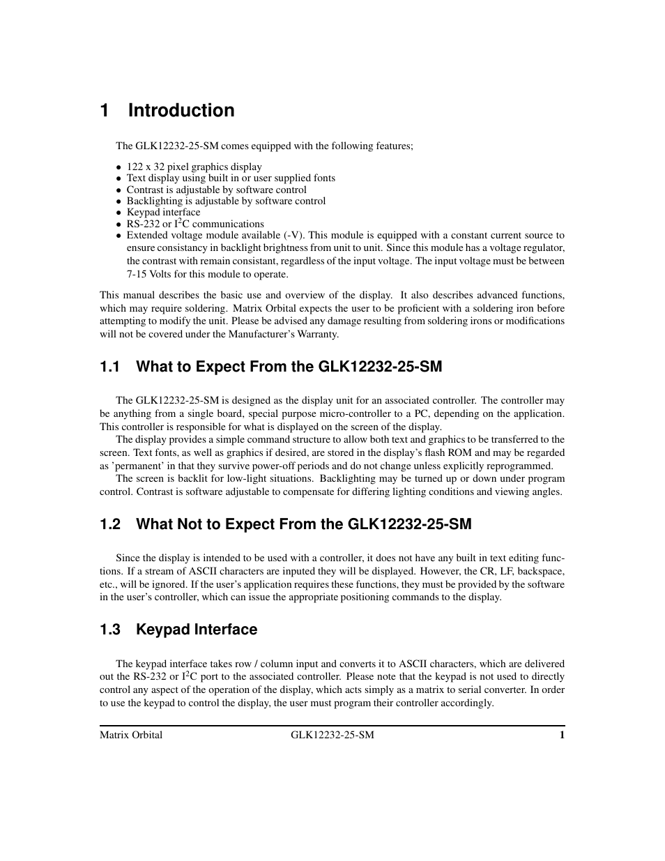 1 introduction, 3 keypad interface | Matrix Orbital GLK12232-25-SM Legacy User Manual | Page 5 / 42