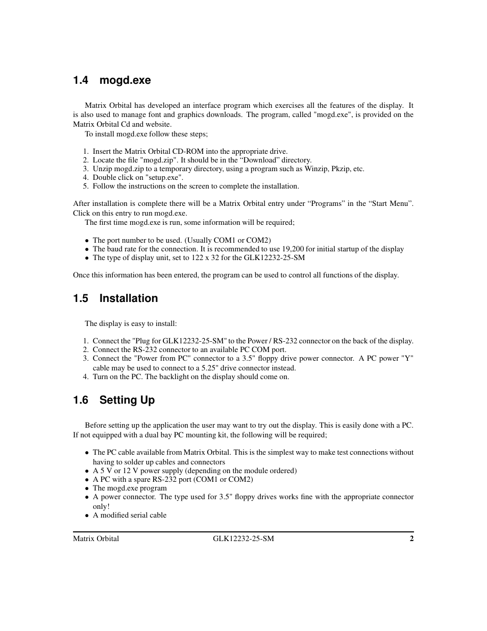 4 mogd.exe, 5 installation, 6 setting up | Matrix Orbital GLK12232-25-SM Legacy User Manual | Page 6 / 42