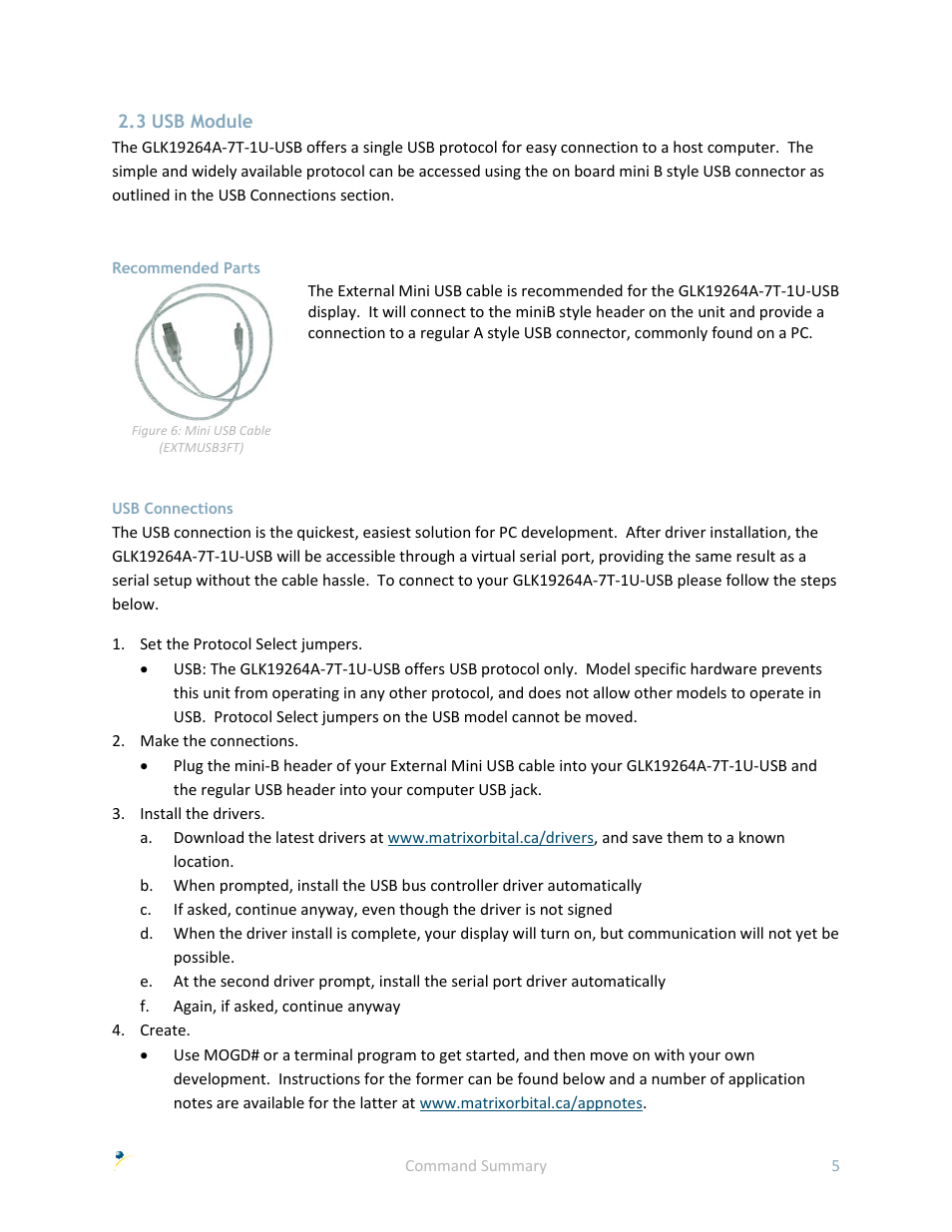 3 usb module, Recommended parts, Usb connections | Matrix Orbital GLK19264A-7T-1U User Manual | Page 10 / 68