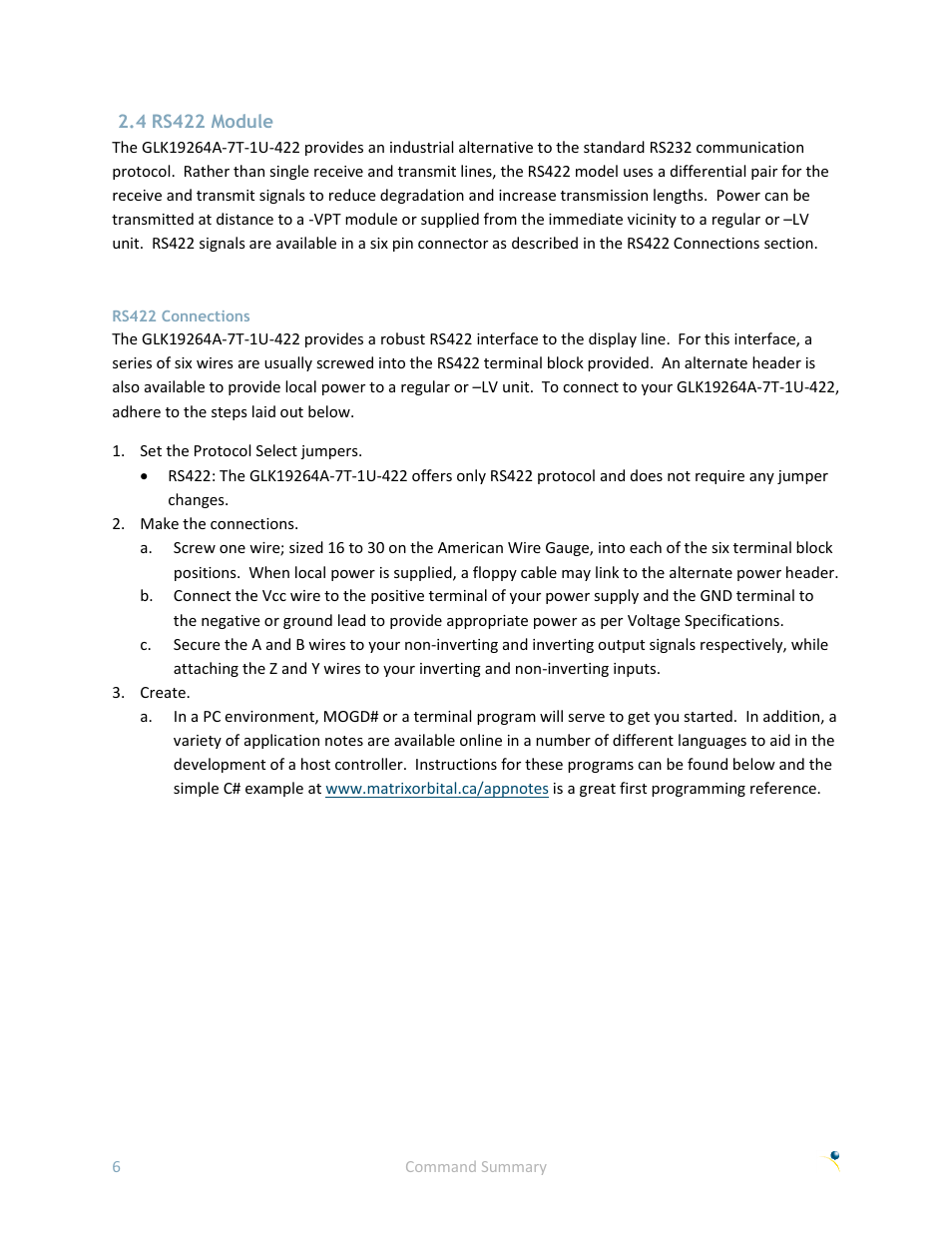 4 rs422 module, Rs422 connections | Matrix Orbital GLK19264A-7T-1U User Manual | Page 11 / 68