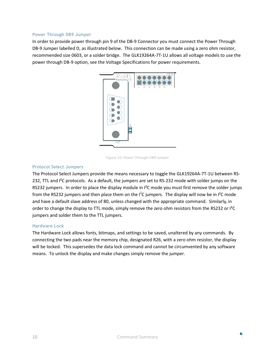 Power through db9 jumper, Protocol select jumpers, Hardware lock | Matrix Orbital GLK19264A-7T-1U User Manual | Page 15 / 68