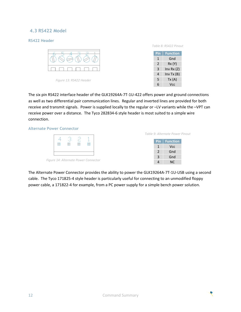 3 rs422 model, Rs422 header, Alternate power connector | Matrix Orbital GLK19264A-7T-1U User Manual | Page 17 / 68