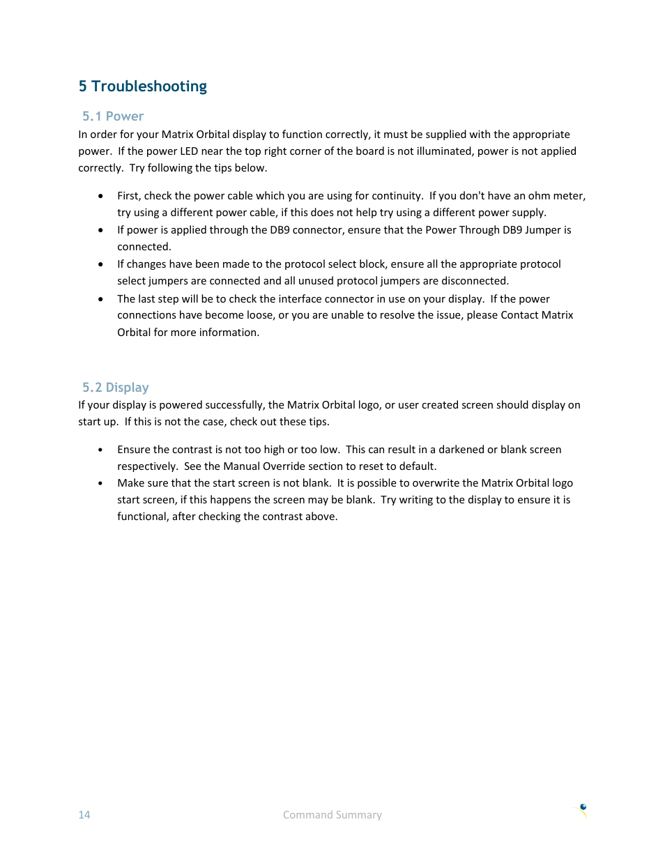 5 troubleshooting, 1 power, 2 display | Matrix Orbital GLK19264A-7T-1U User Manual | Page 19 / 68