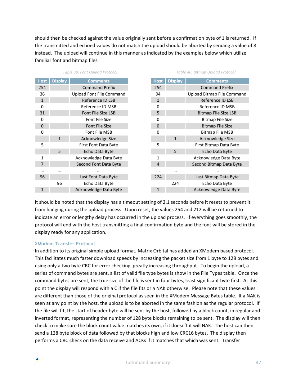 Xmodem transfer protocol | Matrix Orbital GLK19264A-7T-1U User Manual | Page 52 / 68