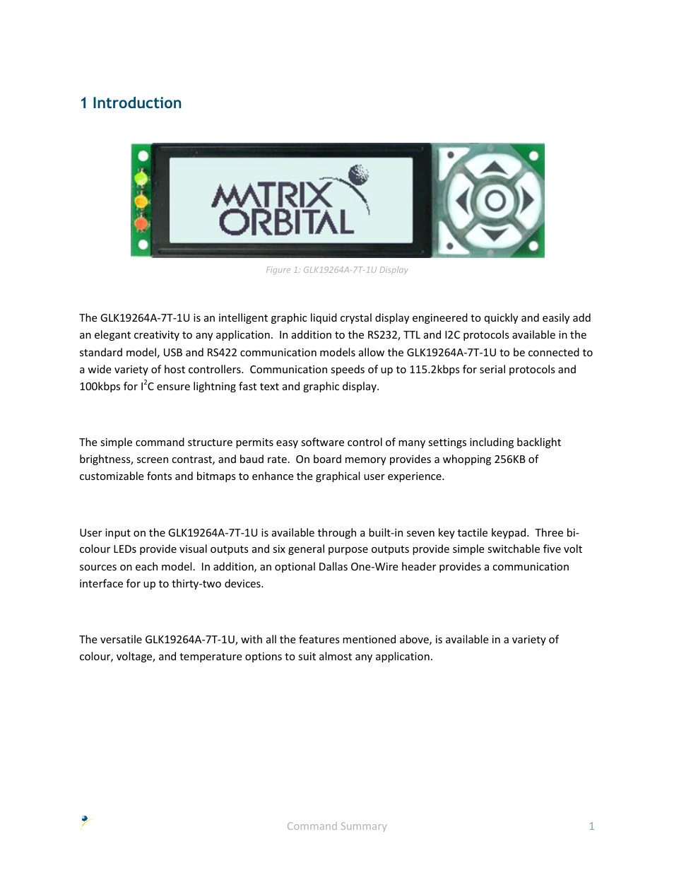 1 introduction | Matrix Orbital GLK19264A-7T-1U User Manual | Page 6 / 68