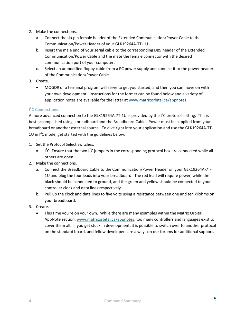 I2c connections, C connections | Matrix Orbital GLK19264A-7T-1U User Manual | Page 9 / 68