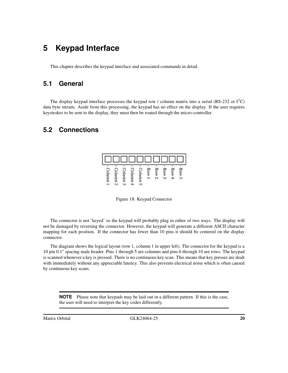 5 keypad interface, 1 general, 2 connections | Matrix Orbital GLK24064-25 Legacy User Manual | Page 24 / 47