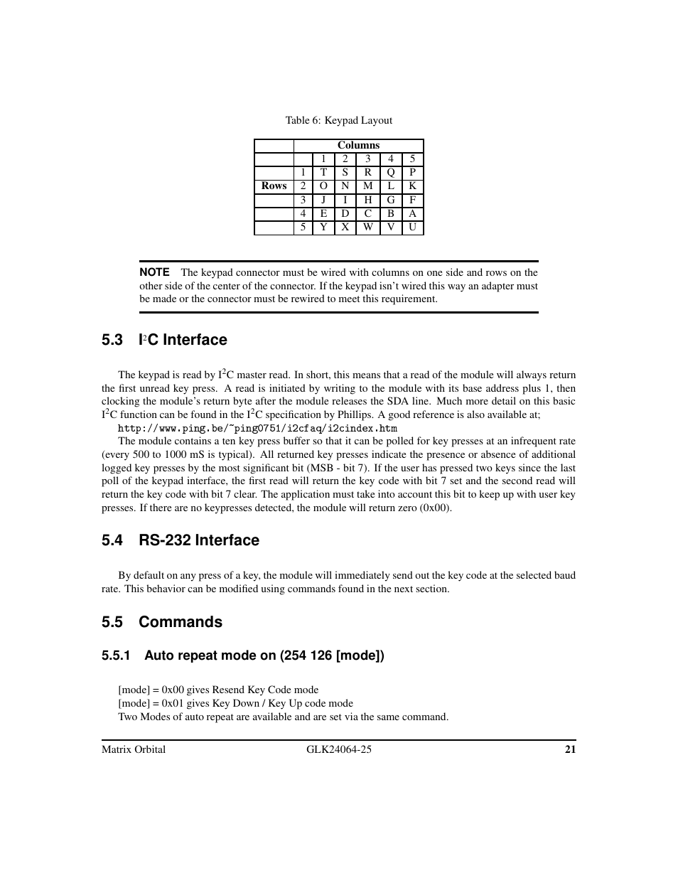 C interface, 4 rs-232 interface, 5 commands | Matrix Orbital GLK24064-25 Legacy User Manual | Page 25 / 47