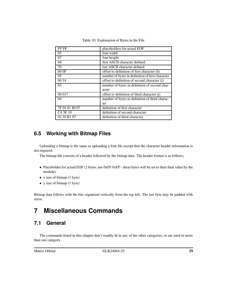 7 miscellaneous commands, 5 working with bitmap files, 1 general | Matrix Orbital GLK24064-25 Legacy User Manual | Page 33 / 47